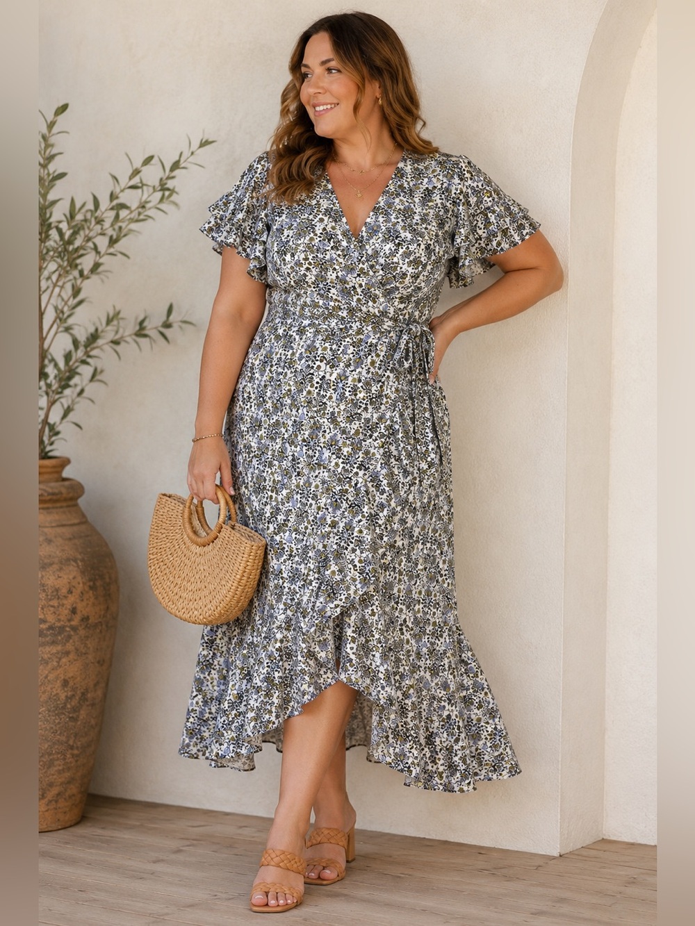 Max Studio 1X Floral Ruffle Sleeve Faux Wrap Midi Dress Blue Black White